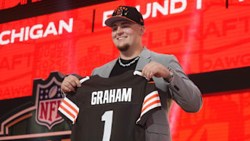 Apr 24, 2025; Green Bay, WI, USA; Michigan Wolverines defensive lineman, and former Servite High School star Mason Graham, is selected by the Cleveland Browns as the number five pick in the first round of the 2025 NFL Draft Credit: Kirby Lee-Imagn Images