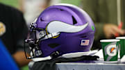 Nov 2, 2025; Detroit, Michigan, USA; A general view of a Minnesota Vikings helmet on the sidelines during the third quarter against the Detroit Lions at Ford Field. Mandatory Credit: David Reginek-Imagn Images