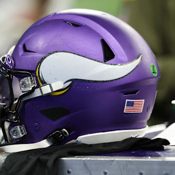 Nov 2, 2025; Detroit, Michigan, USA; A general view of a Minnesota Vikings helmet on the sidelines during the third quarter against the Detroit Lions at Ford Field. Mandatory Credit: David Reginek-Imagn Images
