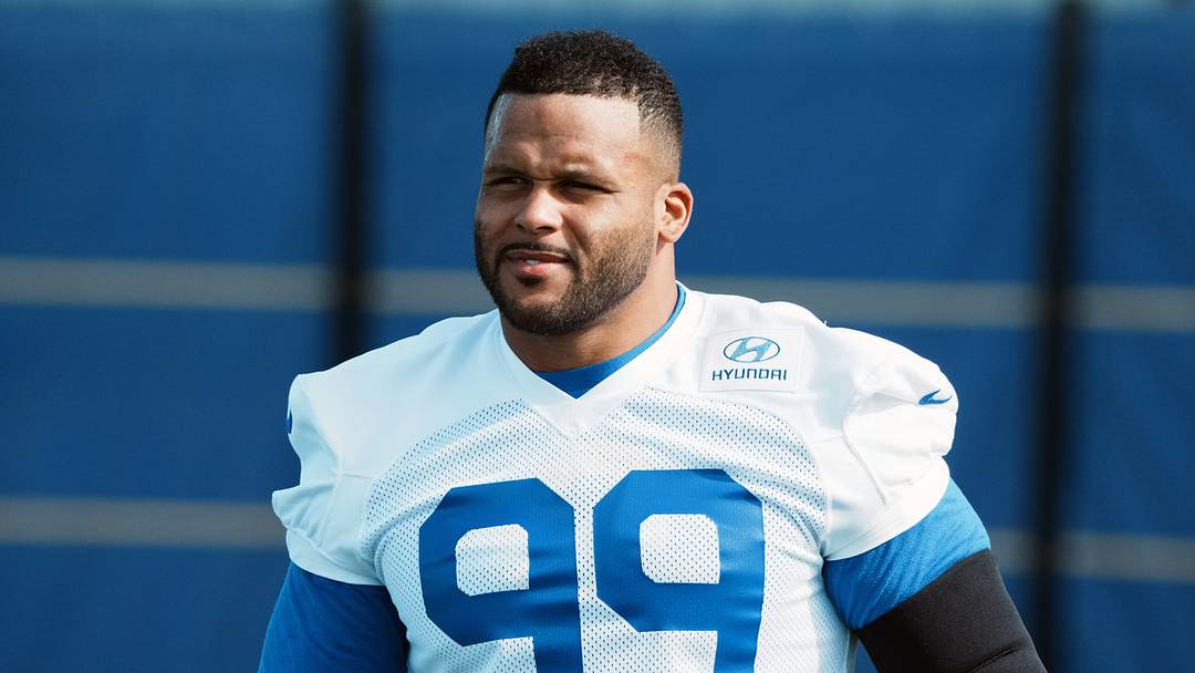 Aug 30, 2026; Woodland Hills, CA, USA; Los Angeles Rams defensive end Aaron Donald (99) at practice at the Rams Practice Facility.  Mandatory Credit: Kirby Lee-Imagn Images