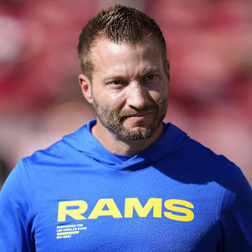 Nov 9, 2025; Santa Clara, California, USA; Los Angeles Rams head coach Sean McVay walks on the field prior to the game against the San Francisco 49ers at Levi's Stadium. Mandatory Credit: Kyle Terada-Imagn Images