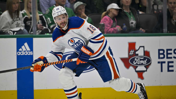 May 23, 2024; Dallas, Texas, USA; Edmonton Oilers left wing Zach Hyman (18) skates against the Dallas Stars during the third period in game one of the Western Conference Final of the 2024 Stanley Cup Playoffs at American Airlines Center. Mandatory Credit: Jerome Miron-USA TODAY Sports