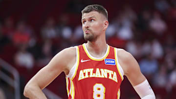 Atlanta Hawks forward/center Kristaps Porzingis reacts during the second quarter against the Houston Rockets at Toyota Center