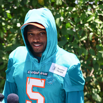 Jun 5, 2024; Miami Gardens, FL, USA; Miami Dolphins cornerback Jalen Ramsey (5) speaks to reporters during mandatory minicamp at Baptist Health Training Complex. Mandatory Credit: Sam Navarro-Imagn Images