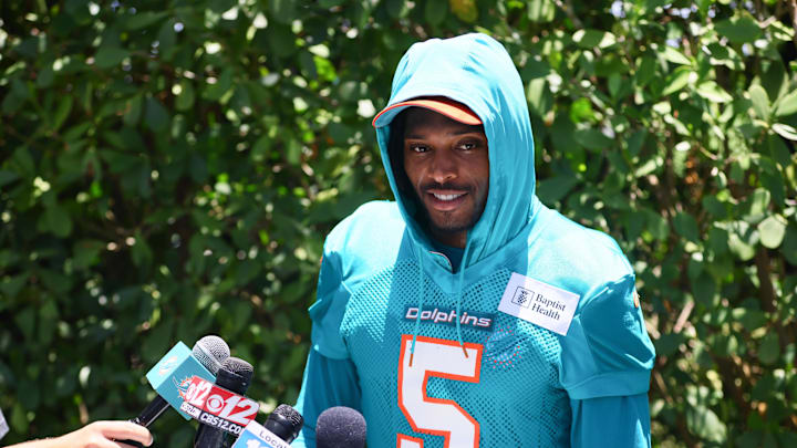 Jun 5, 2024; Miami Gardens, FL, USA; Miami Dolphins cornerback Jalen Ramsey (5) speaks to reporters during mandatory minicamp at Baptist Health Training Complex. Mandatory Credit: Sam Navarro-Imagn Images