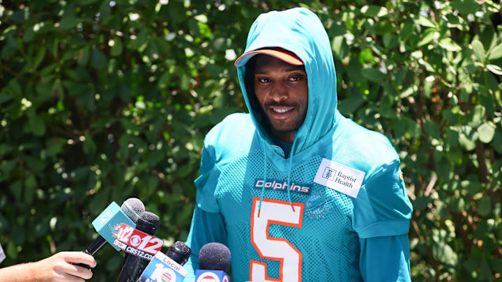 Jun 5, 2024; Miami Gardens, FL, USA; Miami Dolphins cornerback Jalen Ramsey (5) speaks to reporters during mandatory minicamp at Baptist Health Training Complex. Mandatory Credit: Sam Navarro-Imagn Images