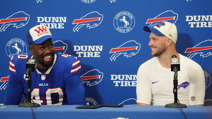 Buffalo Bills linebacker Von Miller and quarterback Josh Allen speak to media after a game. Buffalo Bills linebacker Von Miller and quarterback Josh Allen speak to media after a game.