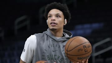Milwaukee Bucks guard Ryan Rollins takes a shot during pregame warmups before a game against the Philadelphia 76ers at Fiserv Forum on January 19.