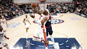 Nov 3, 2025; Inglewood, California, USA; Miami Heat center Bam Adebayo (13) shoots the ball against LA Clippers center Ivica Zubac (40) in the first half at Intuit Dome. Mandatory Credit: Kirby Lee-Imagn Images