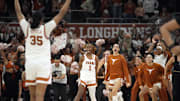 Texas Longhorns players celebrate after a win over the South Carolina Gamecocks.