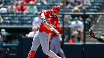 May 22, 2025; West Sacramento, California, USA; Los Angeles Angels first baseman Nolan Schanuel (18) hits a single during the first inning against the Athletics at Sutter Health Park. Mandatory Credit: Sergio Estrada-Imagn Images
