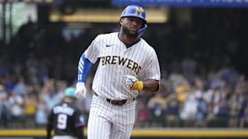 Jul 25, 2025; Milwaukee, Wisconsin, USA; Milwaukee Brewers outfielder Jackson Chourio (11) rounds the bases after hitting a home run against the Miami Marlins in the fourth at American Family Field. Mandatory Credit: Michael McLoone-Imagn Images