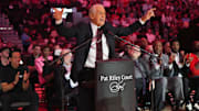 Oct 23, 2024; Miami, Florida, USA;  Miami Heat president Pat Riley addresses the crowd during the Pat Riley Court dedication ceremony at halftime at Kaseya Center. Mandatory Credit: Jim Rassol-Imagn Images
