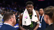 Apr 5, 2025; Philadelphia, Pennsylvania, USA; Minnesota Timberwolves guard Anthony Edwards (5) signs an autograph after the game against the Philadelphia 76ers at Wells Fargo Center. Mandatory Credit: Kyle Ross-Imagn Images