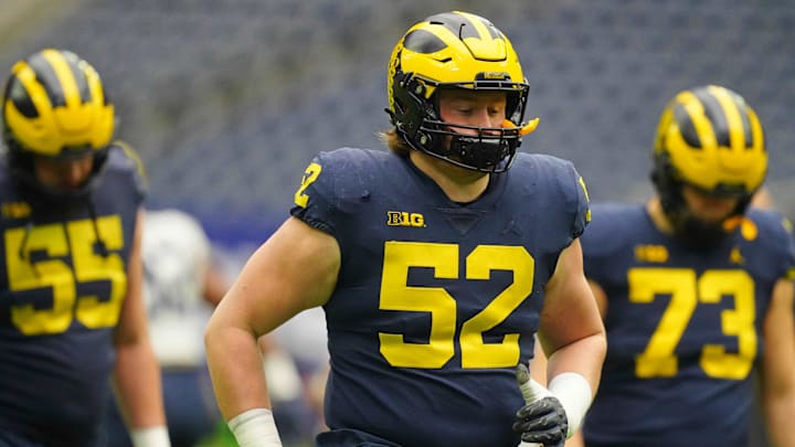 Jan 6, 2024; Houston, TX, USA; Michigan Wolverines defensive end Kechaun Bennett (52) does drills during a practice session before the College Football Playoff national championship game against the Washington Huskies at NRG Stadium. Mandatory Credit: Kirby Lee-Imagn Images