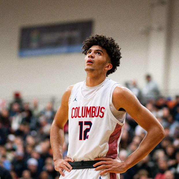 Columbus (Florida) forward Cameron Boozer looks on during the 2023 Les Schwab Invitational in Oregon. Boozer is one of, if no