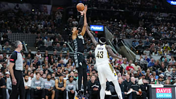 Mar 3, 2024; San Antonio, Texas, USA: San Antonio Spurs center Victor Wembanyama (1) shoots over Indiana Pacers forward Pascal Siakam (43) in the second half at Frost Bank Center. Mandatory Credit: Daniel Dunn-Imagn Images