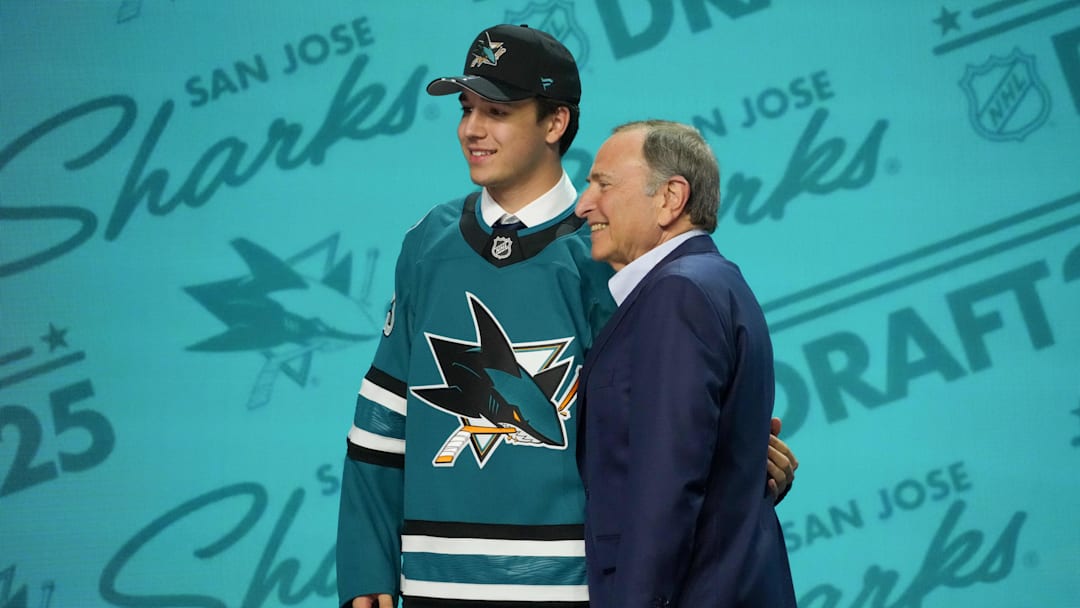 Jun 27, 2025; Los Angeles, California, USA; Michael Misa is selected as the second overall pick to the San Jose Sharks in the first round of the 2025 NHL Draft at Peacock Theater. Mandatory Credit: Kirby Lee-Imagn Images