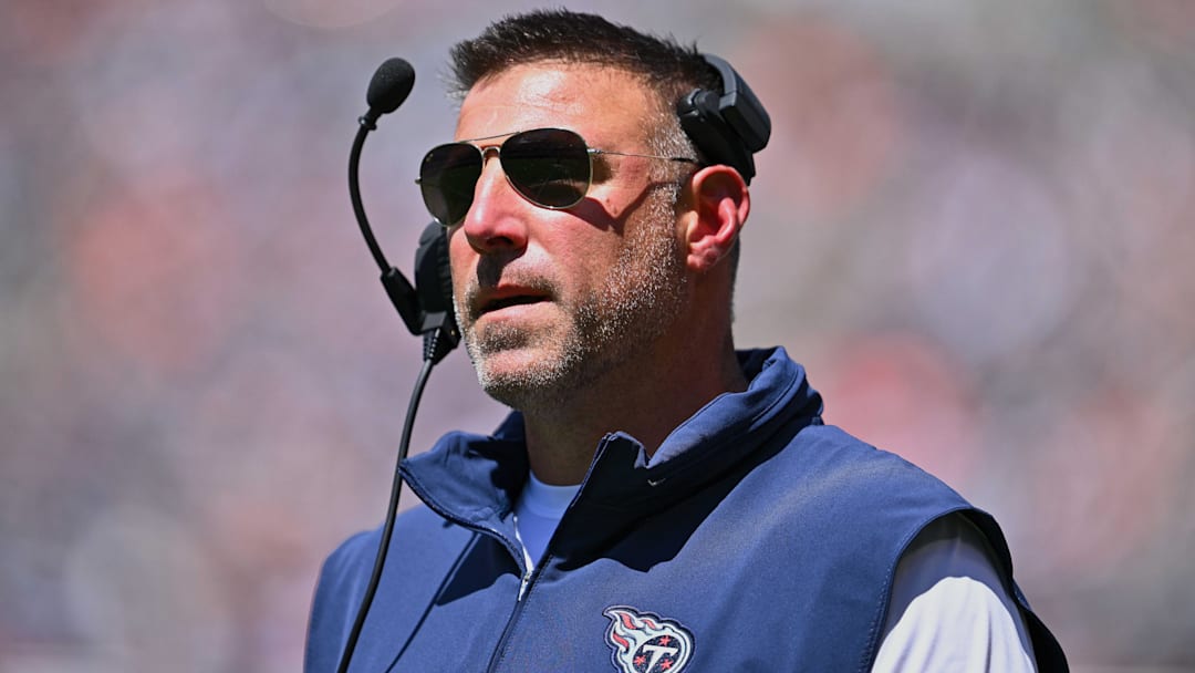 Aug 12, 2023; Chicago, Illinois, USA;  Tennessee Titans head coach Mike Vrabel watches his team play against the Chicago Bears at Soldier Field. Mandatory Credit: Jamie Sabau-Imagn Images
