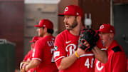 Cincinnati Reds pitcher Alex Young (48) throws a session at the Cincinnati Reds Player Development Complex in Goodyear, Ariz., on Wednesday, Feb. 12, 2025.