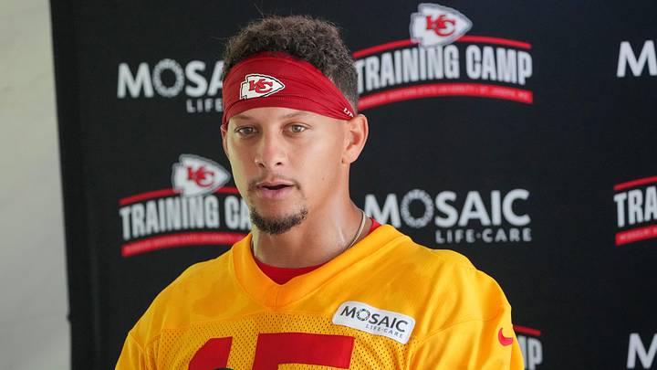 Jul 22, 2025; St. Joseph, MO, USA; Kansas City Chiefs quarterback Patrick Mahomes (15) speaks to media after training camp at Missouri Western State University. Mandatory Credit: Denny Medley-Imagn Images