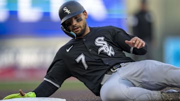 Chicago White Sox catcher Edgar Quero (7) slides into third base after a single from right fielder Brooks Baldwin (not pictured) against the Minnesota Twins in the second inning at Target Field in Minneapolis on April 22, 2025.