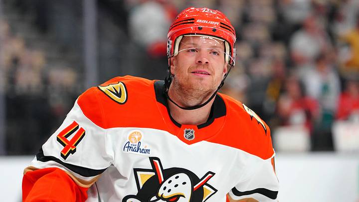 May 6, 2026; Las Vegas, Nevada, USA; Anaheim Ducks defenseman John Carlson (74) warms up before the start of game two against the Vegas Golden Knights in the second round of the 2026 Stanley Cup Playoffs at T-Mobile Arena. Mandatory Credit: Stephen R. Sylvanie-Imagn Images