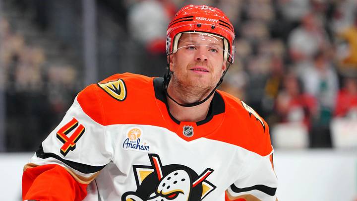 May 6, 2026; Las Vegas, Nevada, USA; Anaheim Ducks defenseman John Carlson (74) warms up before the start of game two against the Vegas Golden Knights in the second round of the 2026 Stanley Cup Playoffs at T-Mobile Arena. Mandatory Credit: Stephen R. Sylvanie-Imagn Images