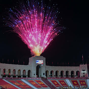 Sep 7, 2024; Los Angeles, California, USA; Pre-show performance before the USC Trojans vs Utah State Aggies game at United Airlines Field at Los Angeles Memorial Coliseum. Mandatory Credit: Jonathan Hui-Imagn Images