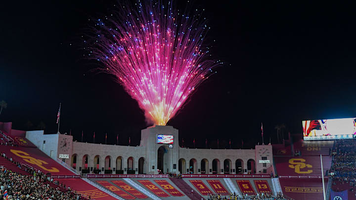 Sep 7, 2024; Los Angeles, California, USA; Pre-show performance before the USC Trojans vs Utah State Aggies game at United Airlines Field at Los Angeles Memorial Coliseum. Mandatory Credit: Jonathan Hui-Imagn Images