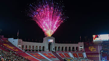 Sep 7, 2024; Los Angeles, California, USA; Pre-show performance before the USC Trojans vs Utah State Aggies game at United Airlines Field at Los Angeles Memorial Coliseum.