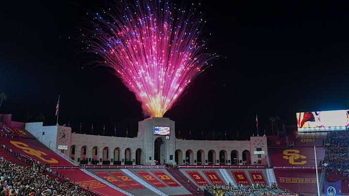 Sep 7, 2024; Los Angeles, California, USA; Pre-show performance before the USC Trojans vs Utah State Aggies game at United Airlines Field at Los Angeles Memorial Coliseum.