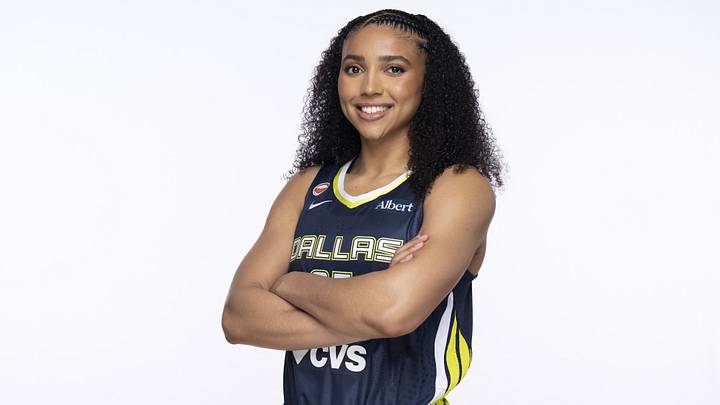 Apr 27, 2026; Arlington, TX, USA;  Dallas Wings guard Azzi Fudd (35) poses for a photo during the 2026 Dallas Wings media day at College Park Center. Mandatory Credit: Jerome Miron-Imagn Images