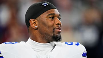Chauncey Golston looks on during a 2024 NFL matchup between the Dallas Cowboys and Tampa Bay Buccaneers