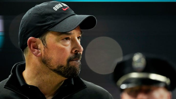 Ohio State Buckeyes head coach Ryan Day looks onto the field Saturday, Dec. 6, 2025, during the Big Ten football championship against the Indiana Hoosiers at Lucas Oil Stadium in Indianapolis.