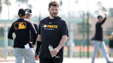 Feb 14, 2025; Bradenton, FL, USA;  Pittsburgh Pirates first base Spencer Horwitz (2) during spring training workouts at Pirate City. Mandatory Credit: Kim Klement Neitzel-Imagn Images