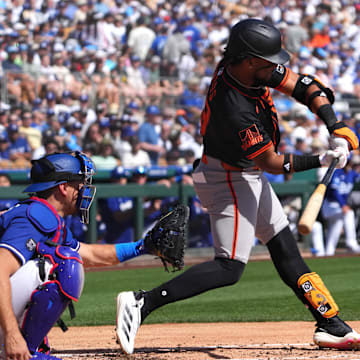 Mar 1, 2025; Phoenix, Arizona, USA; San Francisco Giants outfielder Luis Matos (29) bats against the Los Angeles Dodgers during the third inning at Camelback Ranch-Glendale.