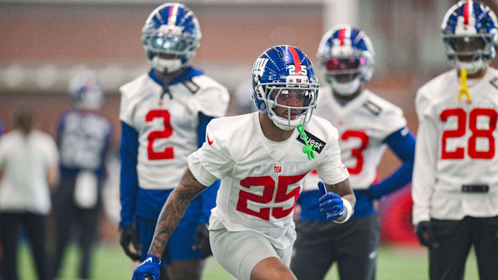 Jun 18, 2025; East Rutherford, NJ, USA; New York Giants cornerback Korie Black (25) participates in a drill during minicamp at Quest Diagnostics Training Center. Mandatory Credit: John Jones-Imagn Images