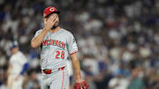 Cincinnati Reds pitcher Nick Martinez reacts after being roughed up in the sixth inning against the Dodgers in Game 2 of a National League wild card series games in Los Angeles on Oct. 1.