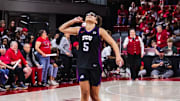 TCU Horned Frogs' guard Olivia Miles celebrates in the team's 69-59 victory over No. 10 NC State on Sunday, Nov. 16, 2025. 