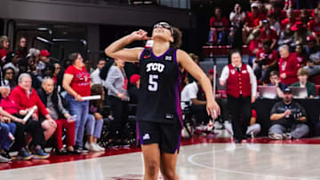 TCU Horned Frogs' guard Olivia Miles celebrates in the team's 69-59 victory over No. 10 NC State on Sunday, Nov. 16, 2025. 