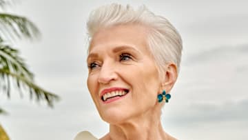 Maye Musk was photographed by Yu Tsai in Belize. Earrings by Cleopatra's Bling. 