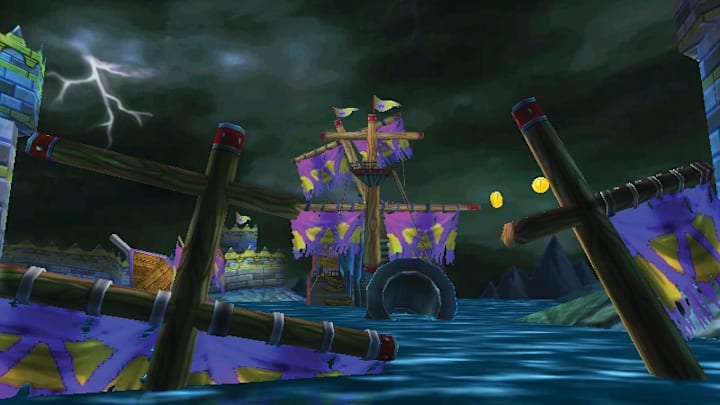 Several broken and half-sunk sail ships in the ocean with a stormy sky in Mario Kart 7.