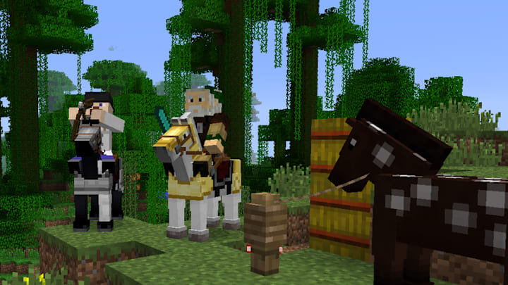 Two Minecraft characters on horseback in a Jungle