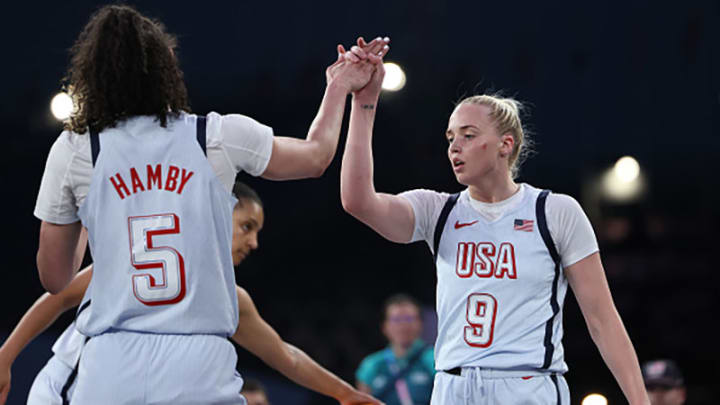 Hailey Van Lith and Dearica Hamby celebrate a bucket during a Team USA 3x3 basketball pool play matchup.