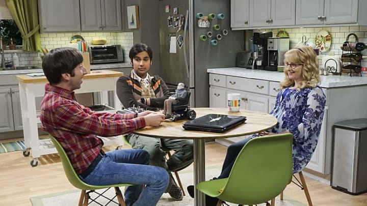 “The Geology Elevation” — Pictured: Howard Wolowitz (Simon Helberg), Rajesh Koothrappali (Kunal Nayyar) and Bernadette (Melissa Rauch). When Bert (Brian Posehn), a Caltech geologist, wins the MacArthur Genius fellowship, Sheldon is overcome with jealousy. Also, Wolowitz finds an old remote control Stephen Hawking action figure he invented, on THE BIG BANG THEORY, Thursday, Nov. 17 (8:00-8:31 PM, ET/PT), on the CBS Television Network. Stephen Hawking returns to guest star as himself. Photo: Monty Brinton/CBS Ã‚Â©2016 CBS Broadcasting, Inc. All Rights Reserved.