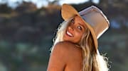 Camille Kostek was photographed by Josie Clough on Kangaroo Island, South Australia. Swimsuit by SHE MADE ME.