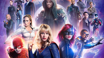 Crisis on Infinite Earths: Image Number: CRS_PT2__8x12_300dpi.jpg -- Pictured: LaMonica Garrett as Anti Monitor Monitor, Chyler Leigh as Alex Danvers, Rick Gonzalez as Rene Ramirez/Wild Dog, Jon Cryer as Lex Luthor, Nicole Maines as Nia Nal/Dreamer, Dominic Purcell as Mick Rory/Heatwave, Caity Lotz as Sara Lance/White Canary, Grant Gustin as The Flash, Melissa Benoist as Kara/Supergirl, Stephen Amell, Ruby Rose as Batwoman, Cress Williams as Black Lightning, David Ramsey as John Diggle/Spartan,
