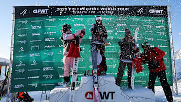 USA's Taylor Dobyns celebrates her third place finish at Georgia Pro for the Freeride World Tour Pro 2025