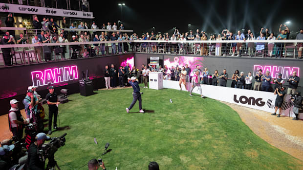 Jon Rahm hits the opening tee shot at LIV Riyadh.